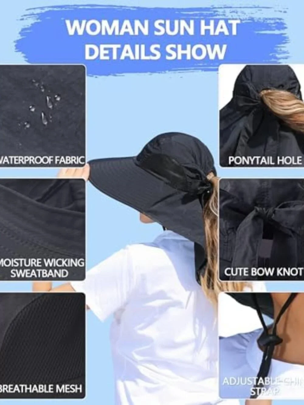 Women's UV Protection Wide Brim Sun Hat with Ponytail Hole & Neck Flap for